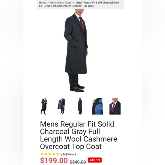 NEW Arthur Black Cashmere Wool blend Charcoal Gray full length overcoat top coat - Picture 5 of 15